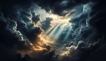 Dramatic sky with clouds and sun beams. 3d rendering