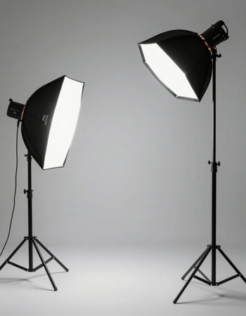 Studio lighting equipment on grey background. Professional studio lighting equipment for...