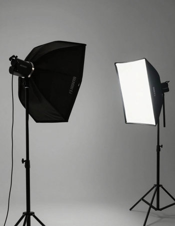 Photo studio equipment for professional photography. Lightbox, flash and softbox