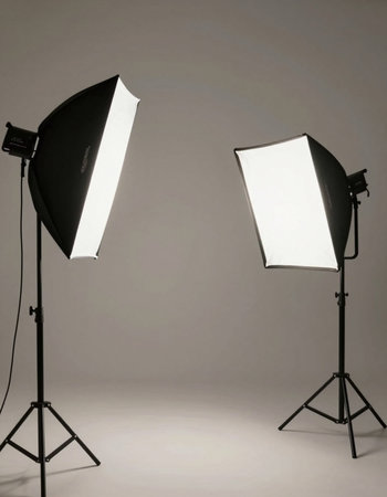 Photo studio equipment on grey background with softbox and softbox light