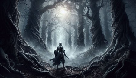 Medieval knight in the dark spooky forest. Fantasy illustration.