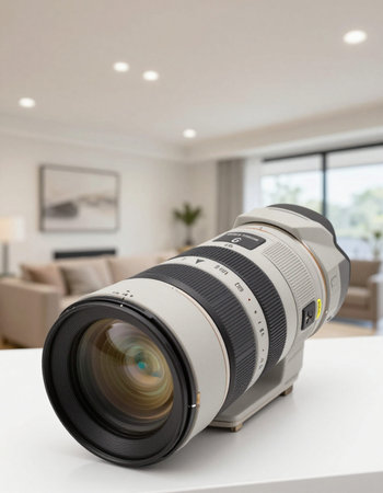 Camera lens on the table in the living room, shallow depth of field