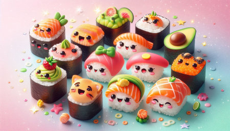 Sushi rolls with cute faces. Sushi rolls with cute characters.