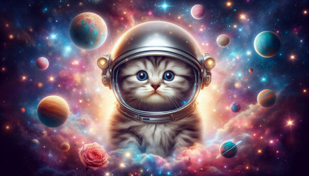 Cute kitten in astronaut helmet on space background with planets and stars.の写真素材