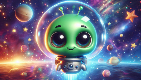 alien in space with planets and stars, 3d illustration, horizontal