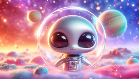 alien in space with planets and stars in background. 3d illustrationの写真素材