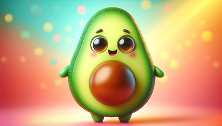 Funny avocado character on a colorful background. 3d illustration.