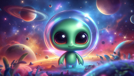 Alien in space with planets and stars, 3d render illustration.
