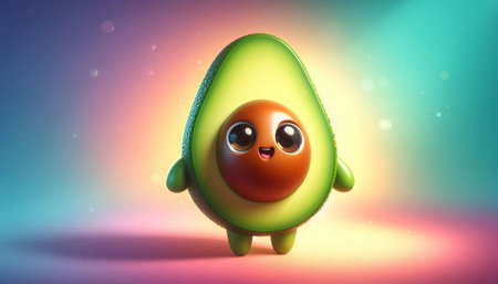 Avocado character with funny face on colorful background. 3d illustration