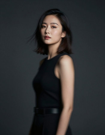 Portrait of a beautiful asian woman in black dress on gray background