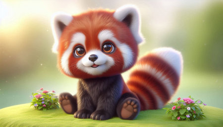 Red panda sitting on a green grass with flowers, 3d illustrationの写真素材