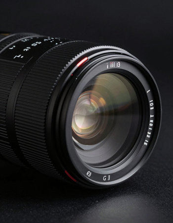 Camera lens on black background. Close-up. Shallow depth of field.