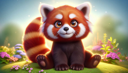 Red panda sitting in the grass with flowers, 3d illustrationの写真素材