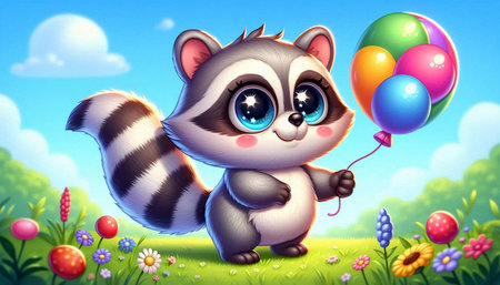 Vector illustration of Cute raccoon with balloons in the meadowの写真素材
