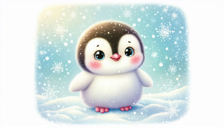 Cute cartoon penguin on snow with snowflakes background.の写真素材