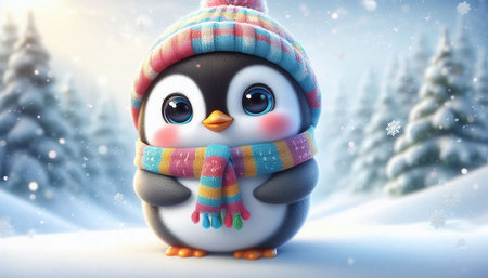 Cute penguin in a hat and scarf in the winter forestの写真素材