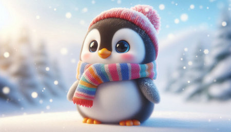 Cute funny penguin in winter forest. 3d render.の写真素材