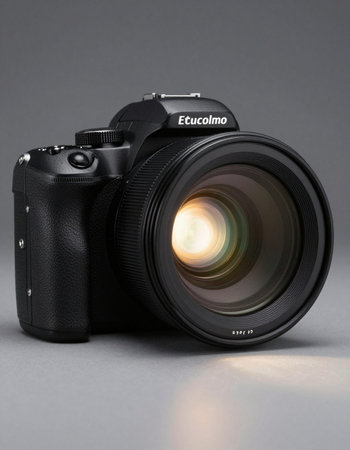 Black SLR camera on gray background. Front view. Close up.
