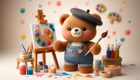 Teddy bear with easel, paints and brushes on color backgroundの写真素材