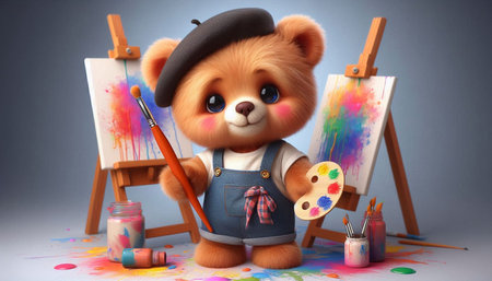 Teddy bear artist with brush and easel on colorful background.