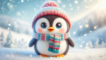 Cute little penguin with scarf and hat in winter forest.の写真素材