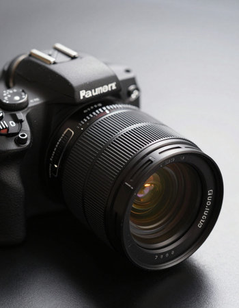 Digital SLR camera on grey background. Shallow dof.
