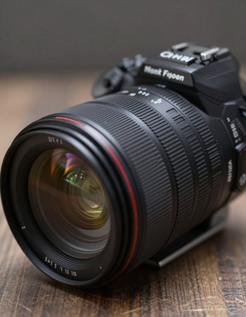 DSLR camera on wooden table. Shallow depth of field.