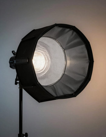 Photo studio strobe with lighting equipment on gray background. Horizontal