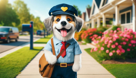 Portrait of a cute dog in a police uniform with a briefcase.の写真素材