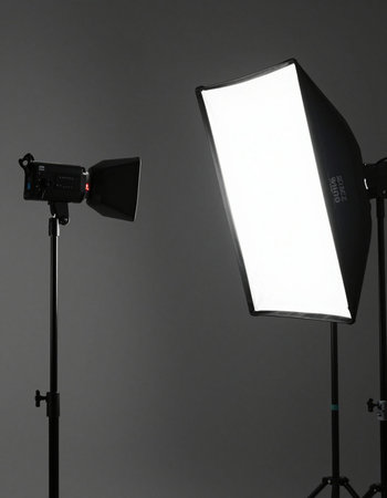 Photo studio equipment with softbox and lighting equipment on gray background.
