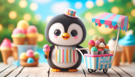 Cute penguin with ice cream cart on bokeh backgroundの写真素材