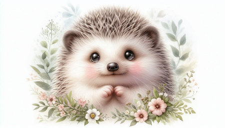 Cute hedgehog with flowers on white background. Watercolor illustration.の写真素材