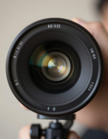 Professional camera lens in the hands of a photographer close-up.