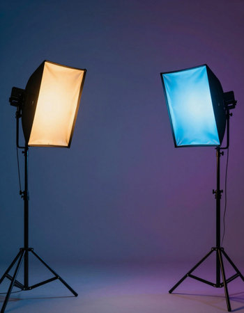 Studio lighting equipment on a blue background. Studio lighting equipment on a dark background.の写真素材