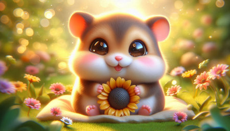 Little hamster with sunflower on the meadow, 3d illustrationの写真素材
