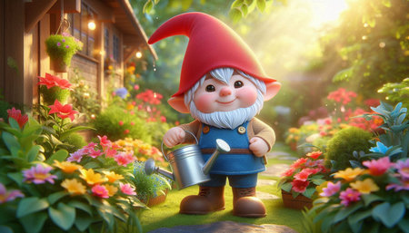 Garden gnome with watering can and flower pots in the gardenの写真素材