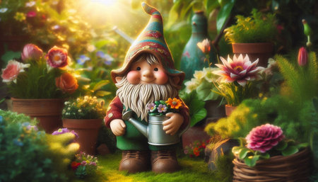 Garden gnome with watering can in the flower garden. Gardening concept.の写真素材