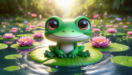 Frog floating on the water with lotus flower and sunlight.