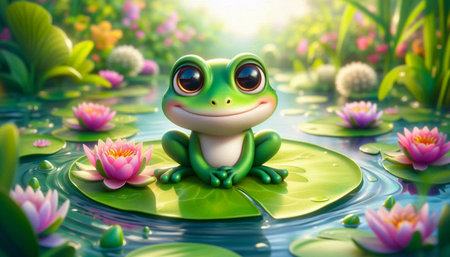Frog sitting on a lotus leaf in the pond. 3d rendering