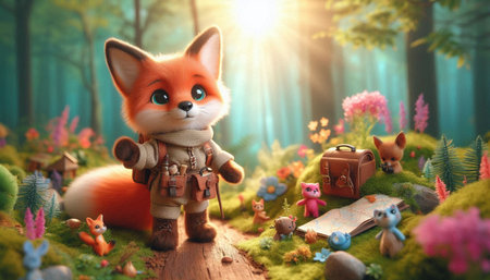 Cute fox with a backpack in the forest. 3d renderingの写真素材