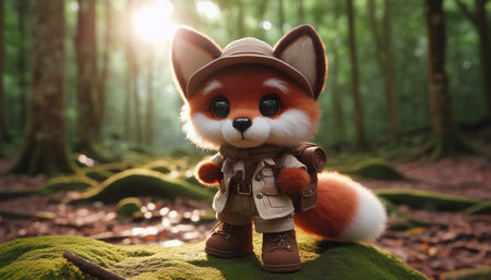 Cute fox toy in the forest, vintage color tone, selective focus