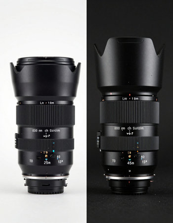 lens and camera lens on a white and black background with reflection