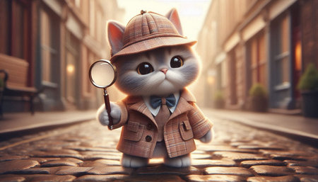 Funny cat with magnifying glass in the city street. 3d renderingの写真素材