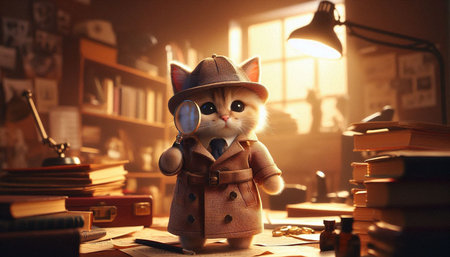 Cat in a trench coat and hat on the background of booksの写真素材