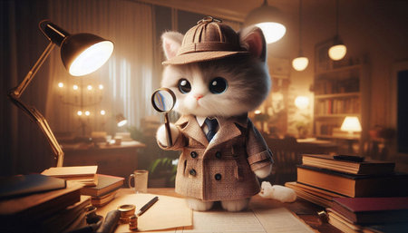 Cute cat with magnifying glass and books on the table.の写真素材