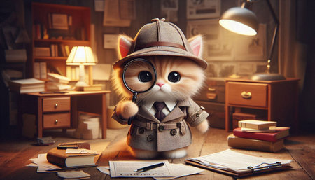 Cute little kitten dressed as a pilot in the room with booksの写真素材