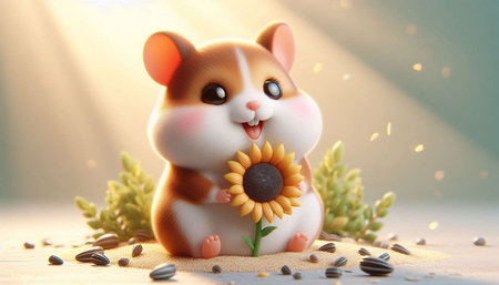 Cute hamster with sunflower and sunflower seeds. 3d renderingの写真素材