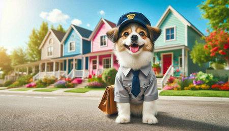 Cute corgi dog in a pilot's cap and blue shirt on the background of a beautiful houseの写真素材