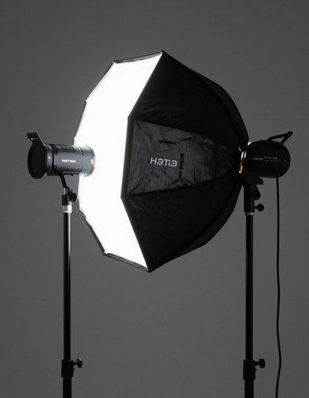 Studio lighting equipment on gray background. Studio lighting equipment for photography.