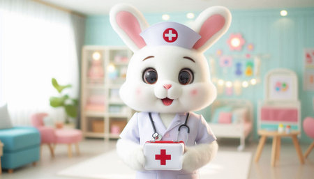 Cute bunny with stethoscope holding first aid box in hospital